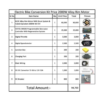 Electric Bike BLDC Alloy Rim Hybrid Motor Controller Throttle Set Whole Kit 2000W 48-72V
